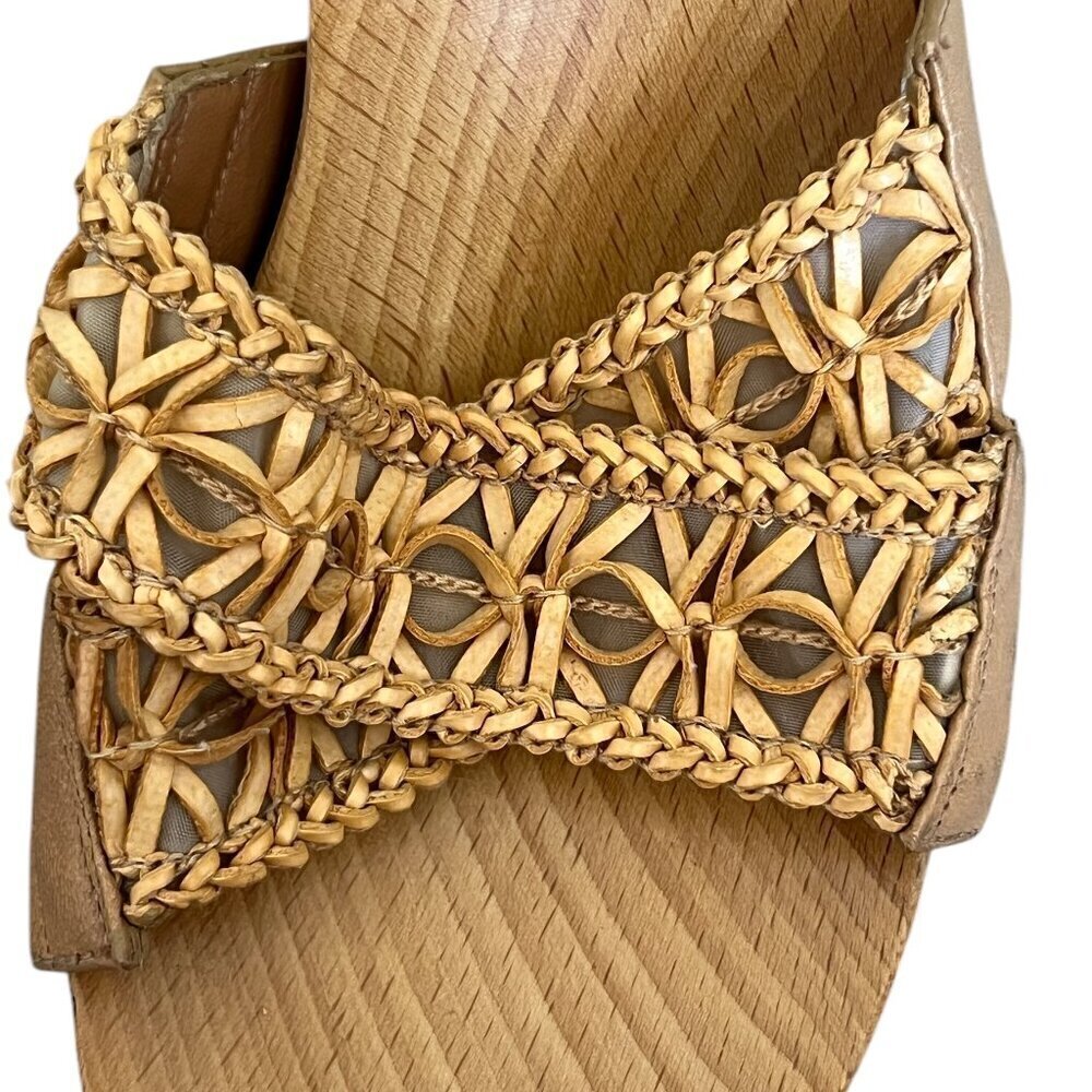 Stuart Weitzman Woven Leather Slide Sandals Wooden Heel Tan 8M Coastal Resort - Picture 5 of 8